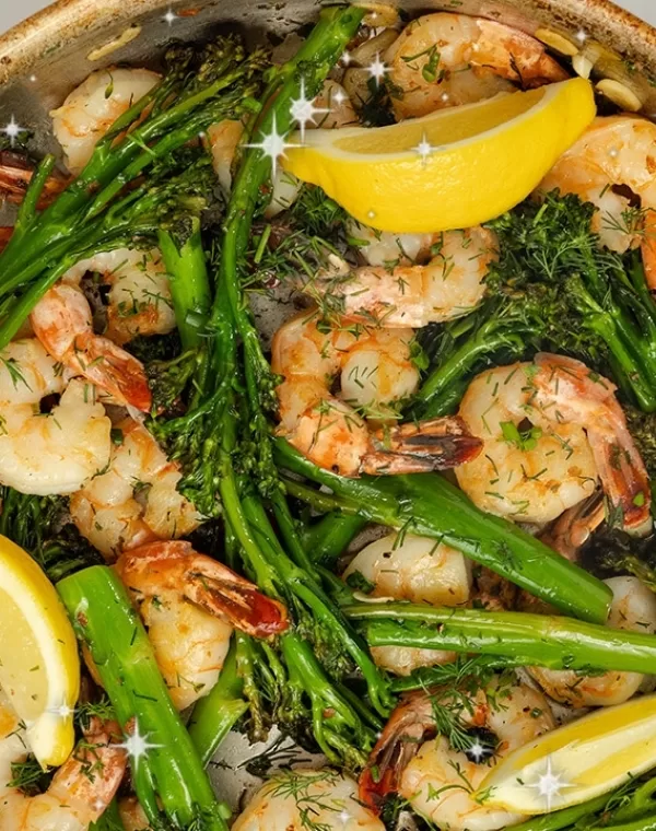 Salteado de gambas con Brócoli Bimi® en sartén
